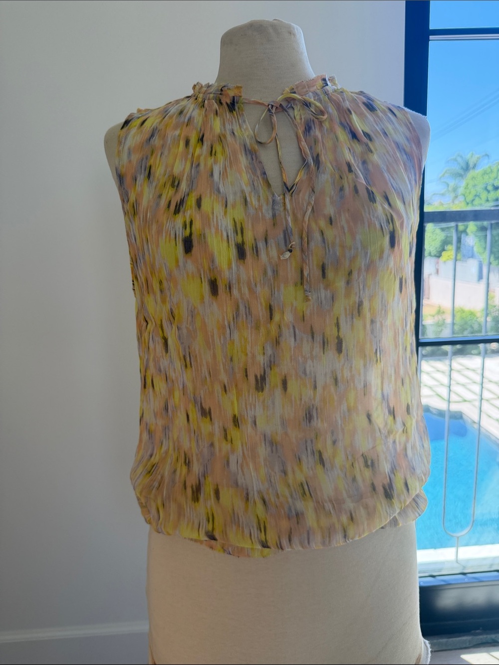 Lucky Brand Yellow Multi-Print Tie-Neck Sleeveless Top
